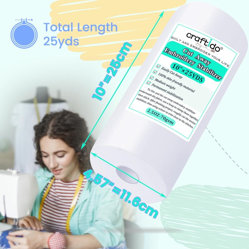 craftido Cut Away Embroidery Stabilizer Backing 10" x 25 Yd/roll Compatible with Most Hoops 2.5oz Medium Weight for Machine Embroidery and Hand Sewing - Image 2